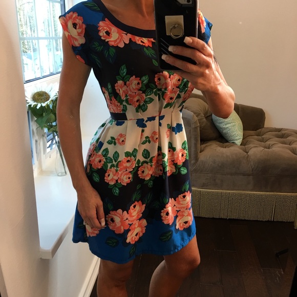 Just Ginger navy coral floral midi dress w pockets - Picture 2 of 8